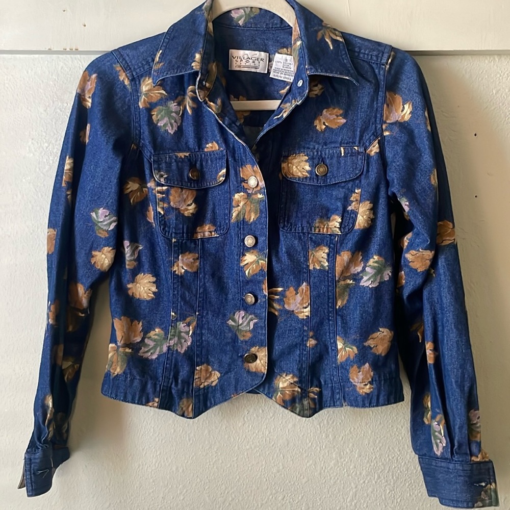 Vintage Liz Claiborne floral 100% cotton cropped denim jacket